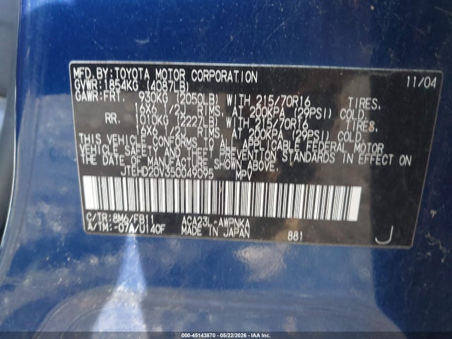 Aukcja sprzedaży 2005 Toyota Rav4, vin: JTEHD20V350049095, numer aukcji: 45143870