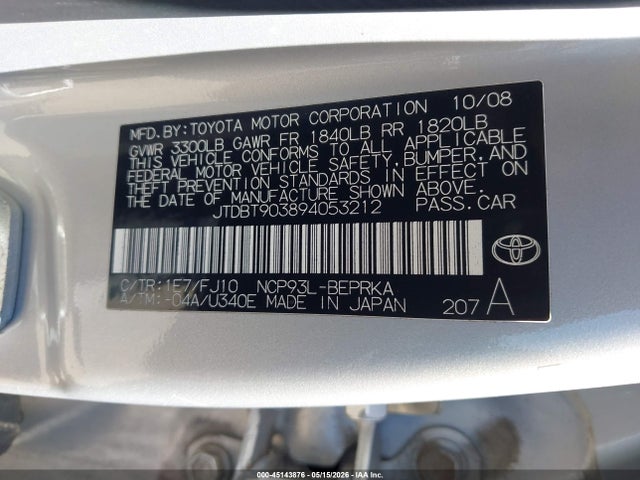 Продаж на аукціоні авто 2009 Toyota Yaris, vin: JTDBT903894053212, номер лоту: 45143876