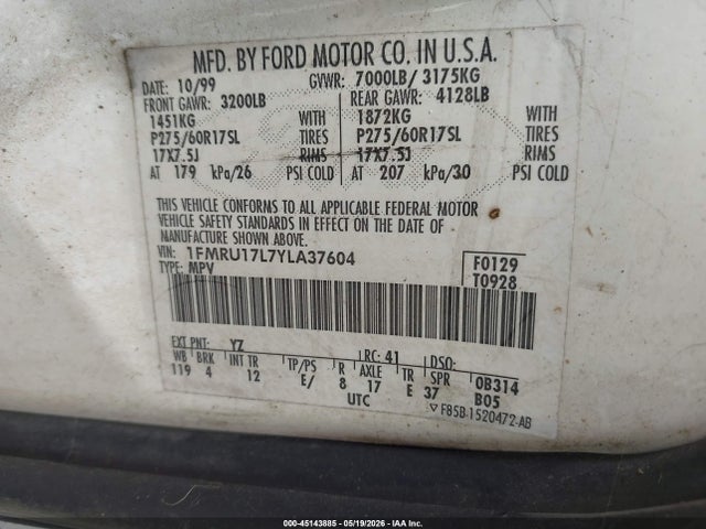 2000 Ford Expedition Eddie Bauer მანქანა იყიდება აუქციონზე, vin: 1FMRU17L7YLA37604, აუქციონის ნომერი: 45143885