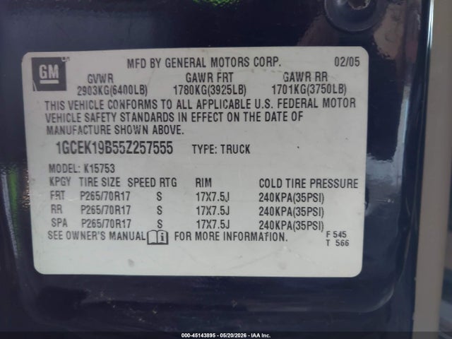 Auction sale of the 2005 Chevrolet Silverado 1500 Z71, vin: 1GCEK19B55Z257555, lot number: 45143895