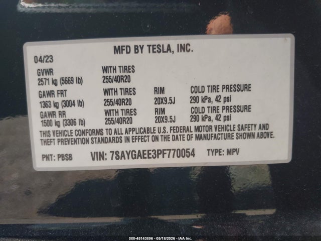 Aukcja sprzedaży 2023 Tesla Model Y Awd/long Range Dual Motor All-wheel Drive, vin: 7SAYGAEE3PF770054, numer aukcji: 45143896