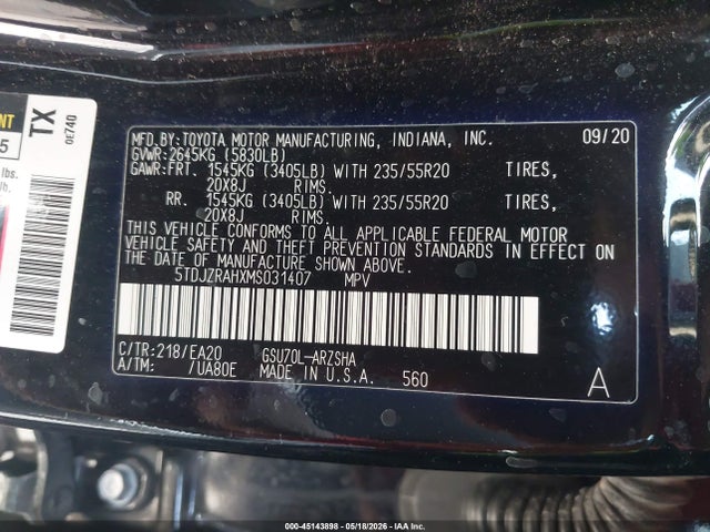 Aukcja sprzedaży 2021 Toyota Highlander Xse, vin: 5TDJZRAHXMS031407, numer aukcji: 45143898