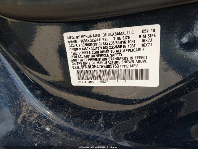 Продажа на аукционе авто 2010 Honda Odyssey Ex, vin: 5FNRL3H47AB085753, номер лота: 45143900