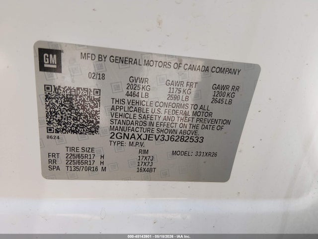 Продаж на аукціоні авто 2018 Chevrolet Equinox Lt, vin: 2GNAXJEV3J6282533, номер лоту: 45143901