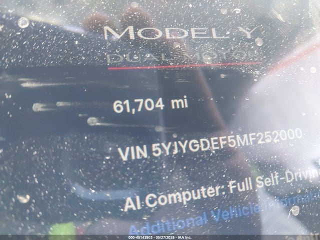 2021 Tesla Model Y Performance Dual Motor All-wheel Drive მანქანა იყიდება აუქციონზე, vin: 5YJYGDEF5MF252000, აუქციონის ნომერი: 45143903