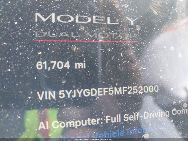 2021 Tesla Model Y Performance Dual Motor All-wheel Drive მანქანა იყიდება აუქციონზე, vin: 5YJYGDEF5MF252000, აუქციონის ნომერი: 45143903
