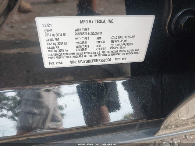 2021 Tesla Model Y Performance Dual Motor All-wheel Drive მანქანა იყიდება აუქციონზე, vin: 5YJYGDEF5MF252000, აუქციონის ნომერი: 45143903