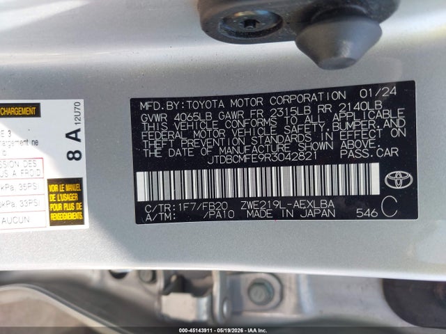 Aukcja sprzedaży 2024 Toyota Corolla Hybrid Le, vin: JTDBCMFE9R3042821, numer aukcji: 45143911