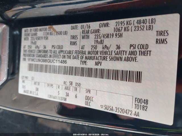 Продаж на аукціоні авто 2016 Ford Escape Se, vin: 1FMCU9G98GUC11486, номер лоту: 45143914