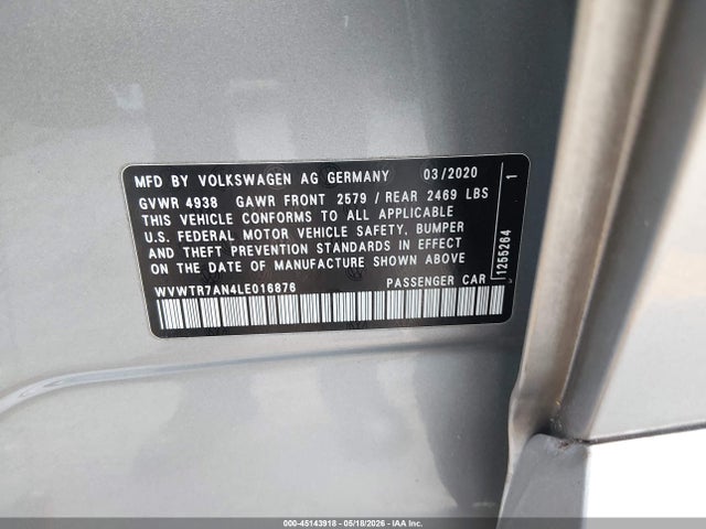 45143918 :رقم المزاد ، WVWTR7AN4LE016876 vin ، 2020 Volkswagen Arteon 2.0t Sel Premium R-line مزاد بيع