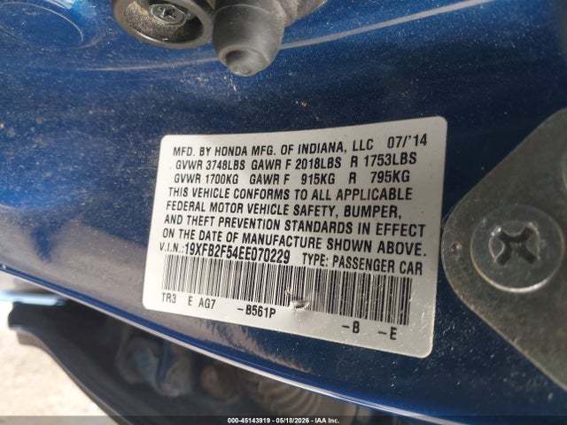 Продаж на аукціоні авто 2014 Honda Civic Lx, vin: 19XFB2F54EE070229, номер лоту: 45143919