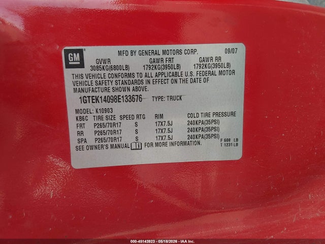 Auction sale of the 2008 Gmc Sierra 1500 Work Truck, vin: 1GTEK14098E133676, lot number: 45143923
