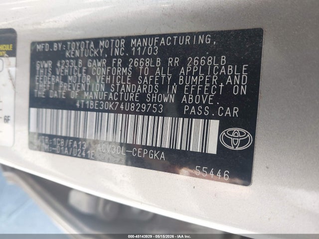 45143929 :رقم المزاد ، 4T1BE30K74U829753 vin ، 2004 Toyota Camry Xle مزاد بيع