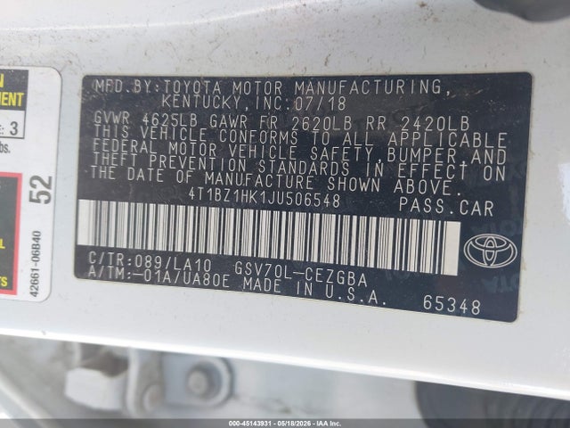 Продаж на аукціоні авто 2018 Toyota Camry Xle V6, vin: 4T1BZ1HK1JU506548, номер лоту: 45143931