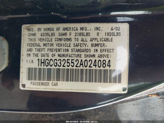 Aukcja sprzedaży 2002 Honda Accord 2.3 Ex, vin: 1HGCG32552A024084, numer aukcji: 45143939