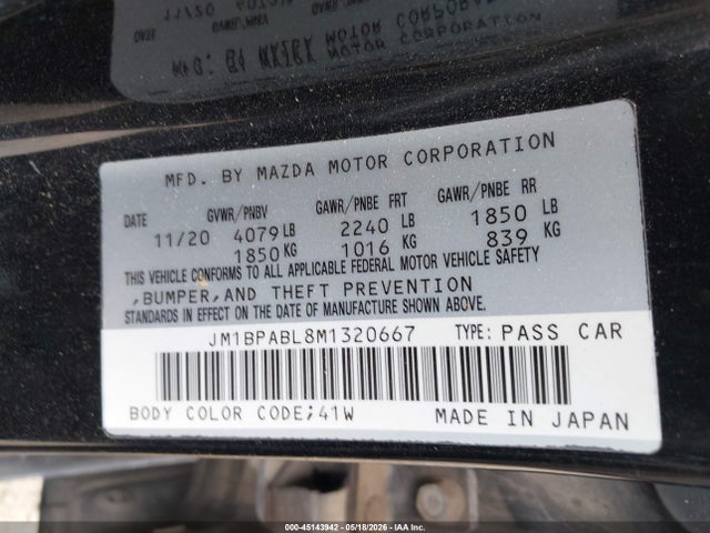 45143942 :رقم المزاد ، JM1BPABL8M1320667 vin ، 2021 Mazda Mazda3 Select مزاد بيع