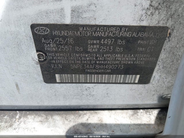 45143943 :رقم المزاد ، 5NPE34AF8HH490273 vin ، 2017 Hyundai Sonata Sport مزاد بيع