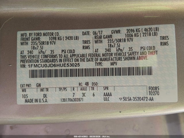 Aukcja sprzedaży 2017 Ford Escape Titanium, vin: 1FMCU0JD6HUE53025, numer aukcji: 45143953