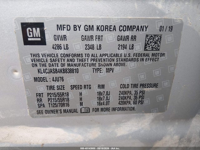 Aukcja sprzedaży 2019 Buick Encore Fwd Preferred, vin: KL4CJASB4KB838810, numer aukcji: 45143955