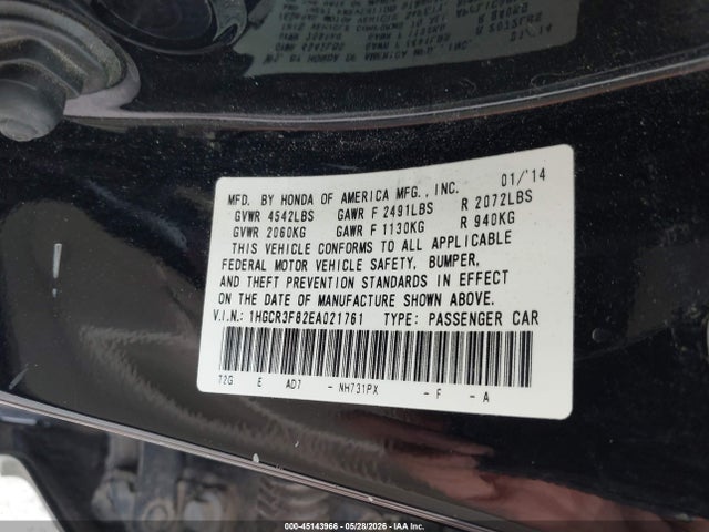 Aukcja sprzedaży 2014 Honda Accord Ex-l V-6, vin: 1HGCR3F82EA021761, numer aukcji: 45143966