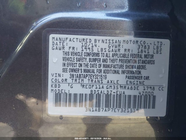 Aukcja sprzedaży 2014 Nissan Sentra Sv, vin: 3N1AB7AP7EY321519, numer aukcji: 45143971