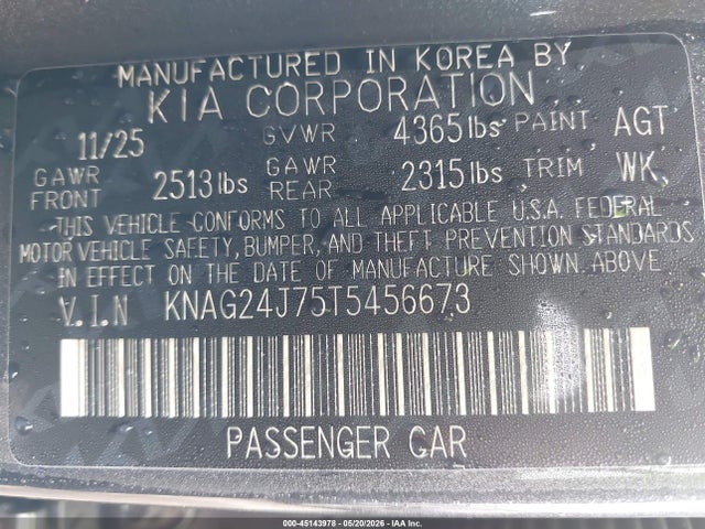 Aukcja sprzedaży 2026 Kia K5 Lxs Fwd, vin: KNAG24J75T5456673, numer aukcji: 45143978