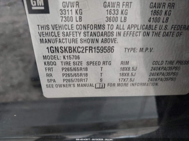 Aukcja sprzedaży 2015 Chevrolet Tahoe Lt, vin: 1GNSKBKC2FR159586, numer aukcji: 45143977