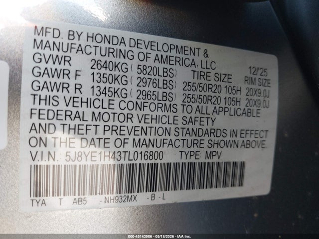 45143986 :رقم المزاد ، 5J8YE1H43TL016800 vin ، 2026 Acura Mdx Technology Package مزاد بيع