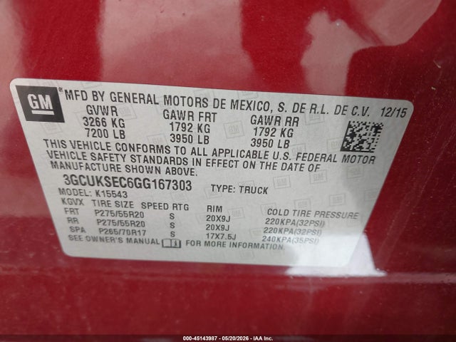 45143987 :رقم المزاد ، 3GCUKSEC6GG167303 vin ، 2016 Chevrolet Silverado 1500 1lz مزاد بيع