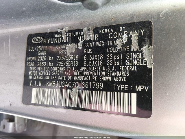 45143993 :رقم المزاد ، KM8JU3AC7CU361799 vin ، 2012 Hyundai Tucson Limited مزاد بيع