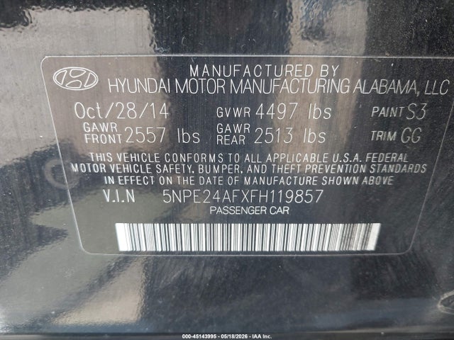 Aukcja sprzedaży 2015 Hyundai Sonata Se, vin: 5NPE24AFXFH119857, numer aukcji: 45143995