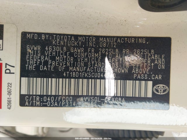 Aukcja sprzedaży 2012 Toyota Camry Hybrid Xle, vin: 4T1BD1FK5CU044340, numer aukcji: 45144000