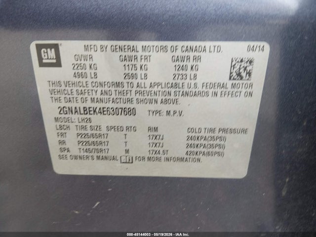 Aukcja sprzedaży 2014 Chevrolet Equinox 1lt, vin: 2GNALBEK4E6307680, numer aukcji: 45144003