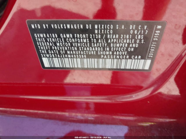 45144011 :رقم المزاد ، 3VWDB7AJ2HM403396 vin ، 2017 Volkswagen Jetta 1.4t Se مزاد بيع
