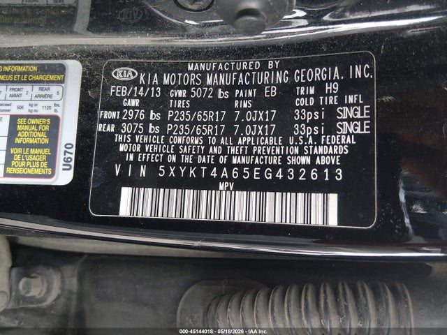 Продажа на аукционе авто 2014 Kia Sorento Lx, vin: 5XYKT4A65EG432613, номер лота: 45144018