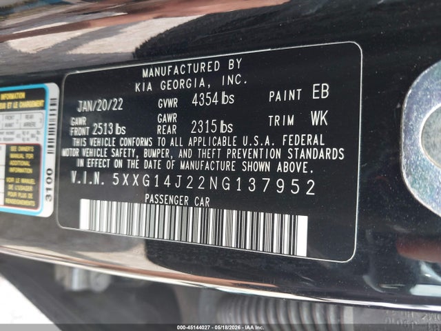 2022 Kia K5 Lxs მანქანა იყიდება აუქციონზე, vin: 5XXG14J22NG137952, აუქციონის ნომერი: 45144027
