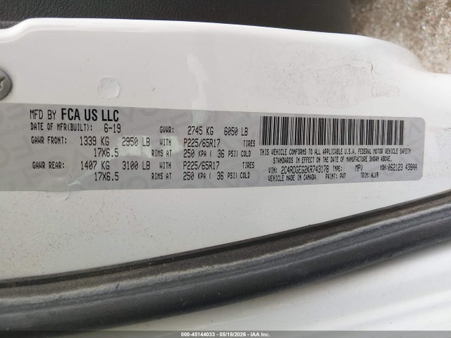 Продажа на аукционе авто 2019 Dodge Grand Caravan Gt, vin: 2C4RDGEG2KR743178, номер лота: 45144033