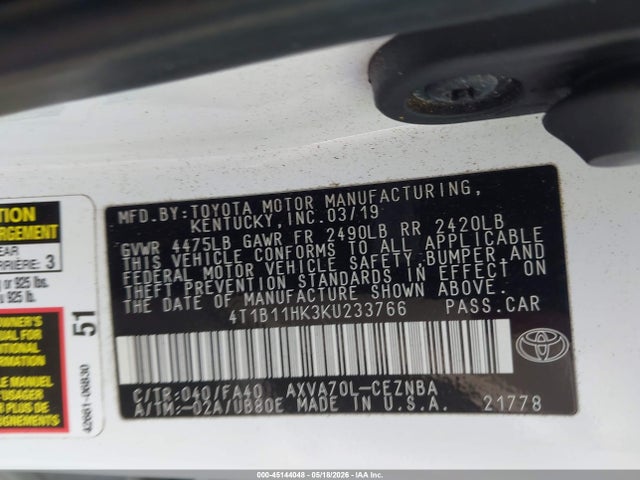Aukcja sprzedaży 2019 Toyota Camry Le, vin: 4T1B11HK3KU233766, numer aukcji: 45144048