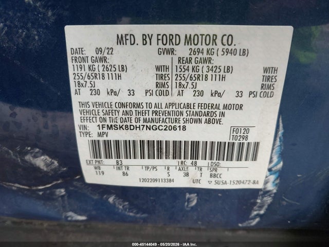 45144049 :رقم المزاد ، 1FMSK8DH7NGC20618 vin ، 2022 Ford Explorer Xlt مزاد بيع
