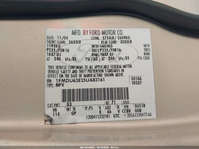 2005 Ford Explorer Xlt/xlt Sport მანქანა იყიდება აუქციონზე, vin: 1FMDU63E35UA83161, აუქციონის ნომერი: 45144053