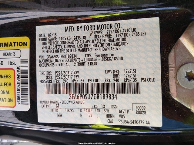 Aukcja sprzedaży 2016 Ford Fusion Energi Titanium, vin: 3FA6P0SU7GR189834, numer aukcji: 45144060