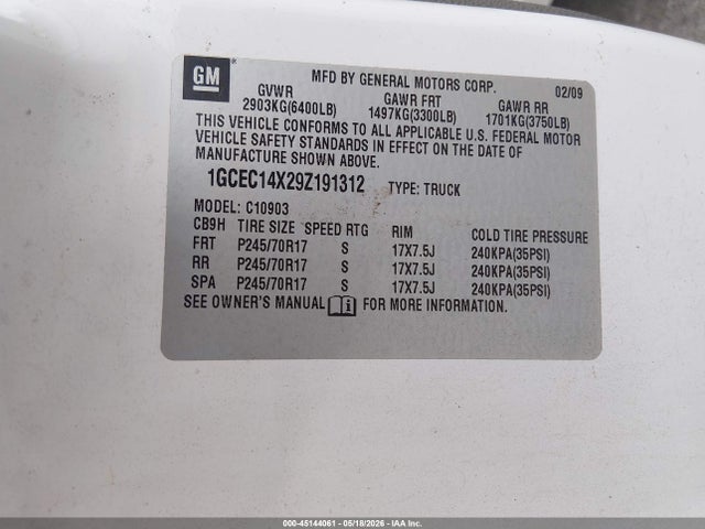 45144061 :رقم المزاد ، 1GCEC14X29Z191312 vin ، 2009 Chevrolet Silverado 1500 Work Truck مزاد بيع