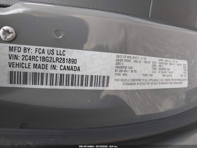 Продаж на аукціоні авто 2020 Chrysler Pacifica Touring L, vin: 2C4RC1BG2LR281890, номер лоту: 45144064