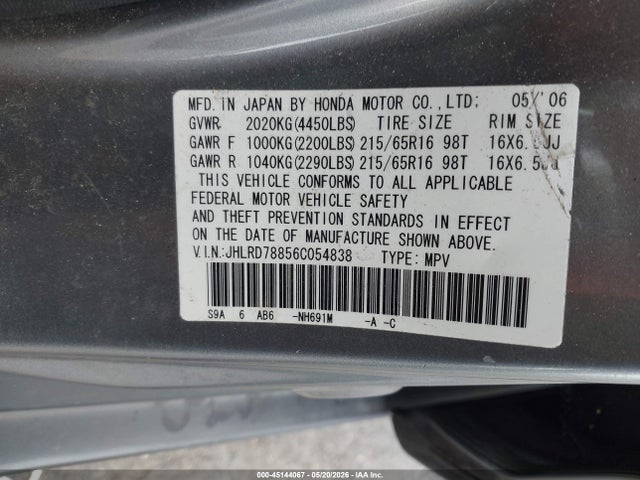 Aukcja sprzedaży 2006 Honda Cr-v Ex, vin: JHLRD78856C054838, numer aukcji: 45144067