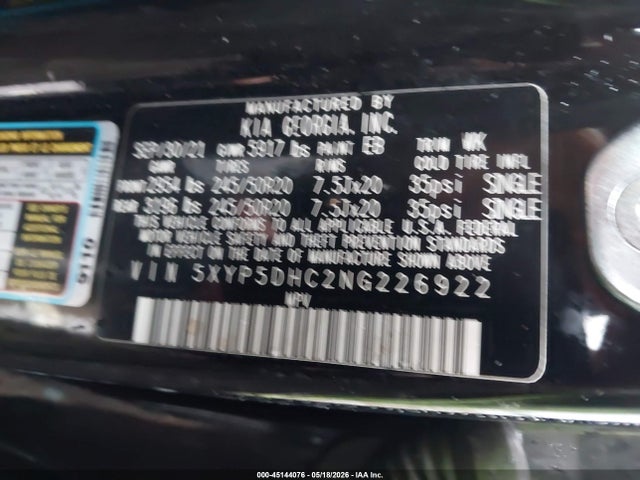 45144076 :رقم المزاد ، 5XYP5DHC2NG226922 vin ، 2022 Kia Telluride Sx مزاد بيع