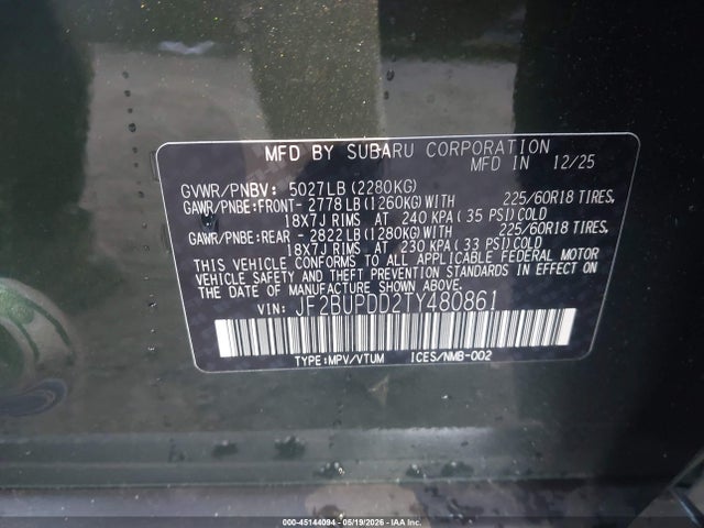 Aukcja sprzedaży 2026 Subaru Outback Limited, vin: JF2BUPDD2TY480861, numer aukcji: 45144094