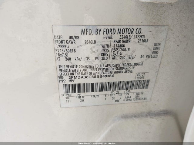 Продаж на аукціоні авто 2008 Ford Edge Sel, vin: 2FMDK38C68BB48364, номер лоту: 45144101