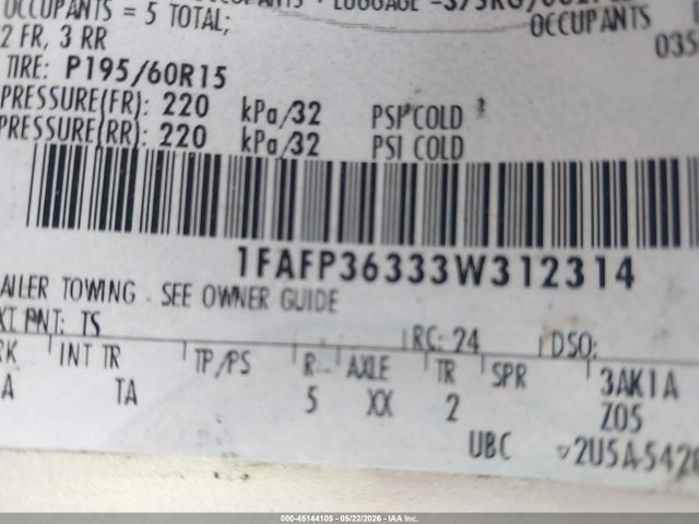 Продаж на аукціоні авто 2003 Ford Focus, vin: 1FAFP36333W312314, номер лоту: 45144105