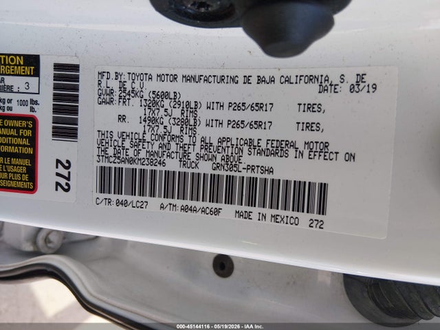 45144116 :رقم المزاد ، 3TMCZ5AN0KM238246 vin ، 2019 Toyota Tacoma Trd Sport مزاد بيع