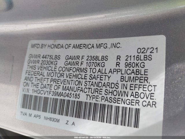 Продаж на аукціоні авто 2021 Honda Accord Sport, vin: 1HGCV1F39MA045185, номер лоту: 45144130
